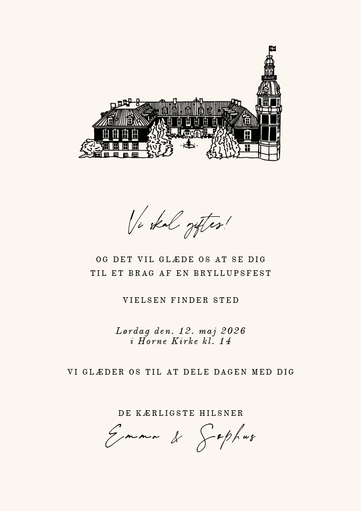 
                Denne skønne bryllupsinvitation er til parret, der skal holde deres bryllup på Hvedholm Slot. Invitationen består af en håndtegnet illustration og skønne skrifttyper, som giver et elegant udtryk til jeres invitation. Ønsker I et helstøbt bryllup med en klar visuel rød tråd, har vi designet bordkort, menukort, velkomstskilte, gæstebøger og meget mere, som matcher invitationen.                